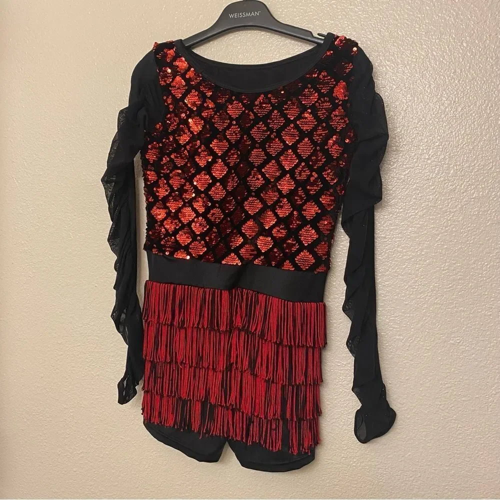 Weissman Dance costume leotard red sequin flapper fringe 11475 LC-large child